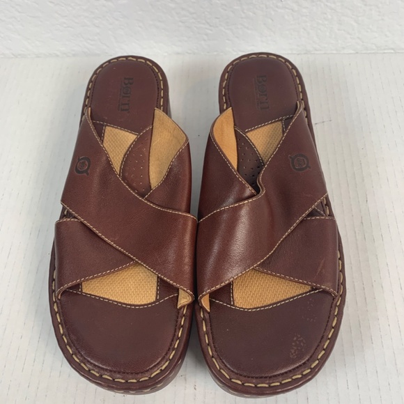 Born Criss Cross Leather Platform Wedge Sandal Womens 8M Brown Open Toe Slip On - Picture 3 of 13